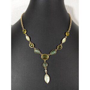 Green Cabochon Y-Drop Necklace Gold Tone Coastal Chic 18"